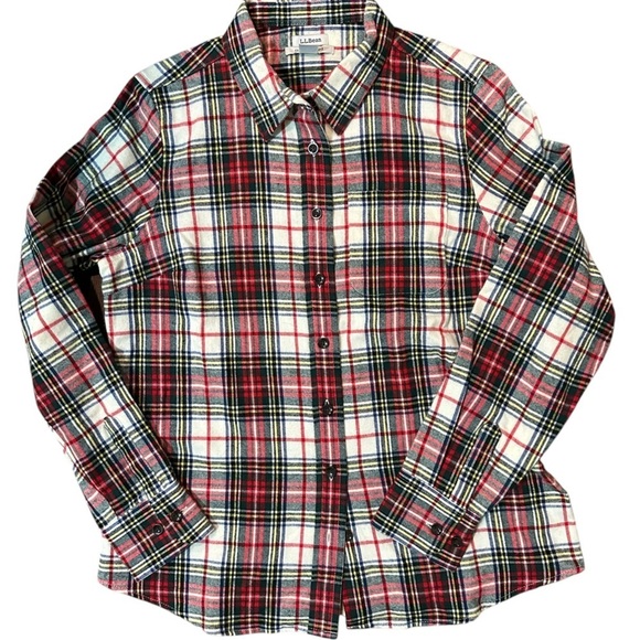 L.L.Bean Cream Red Black Green Slightly Fitted Flannel Shirt - Picture 3 of 9